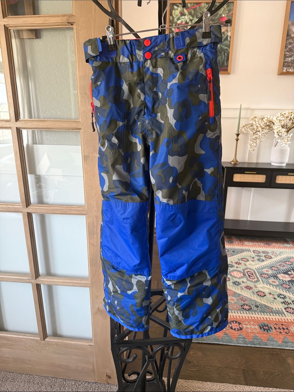 Boden Boys Blue and Green Camo Snow Pants with Red Accents